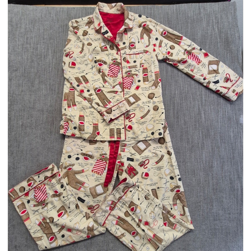 Nick & Nora Sock Monkey Pajama Set women's SM 100% Cotton Button up 2PC Target